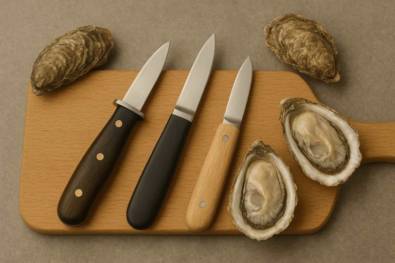 Plusieurs couteaux à huitres avec huitres