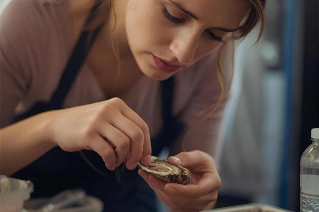Femme vérifie qu'une huitre est fraiche