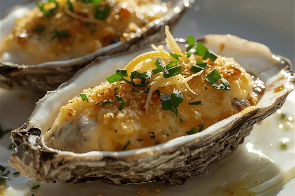 Huîtres gratinées aux herbes hachées et à l’huile d’olive