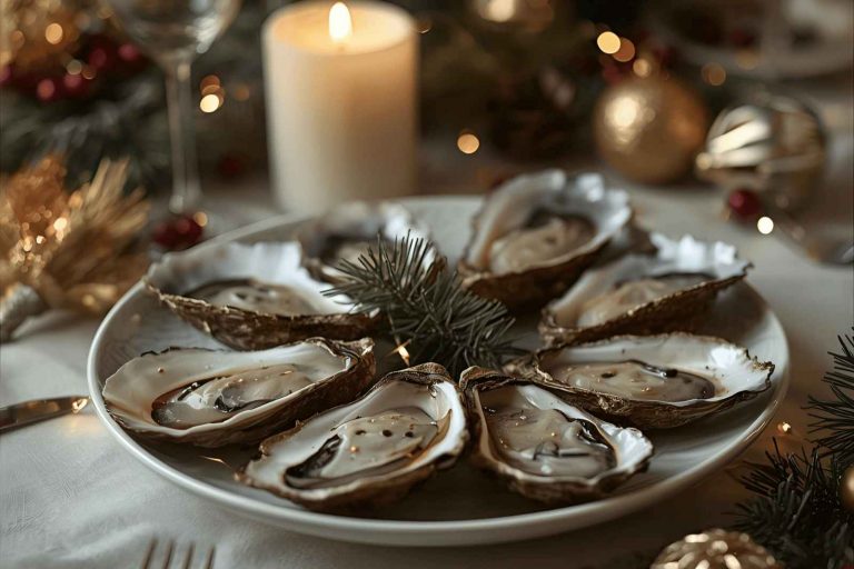 Plateau d'huitres sur table de réveillon de Noel