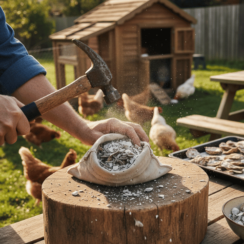 broyage de coquille d'huitre pour des poules