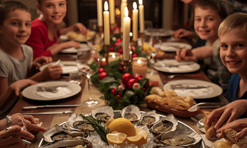 enfants autours d'une table de réveillon avec des huitres