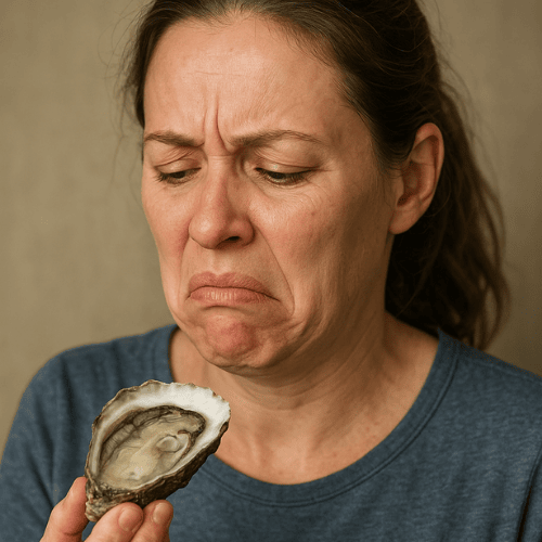 femme grimace devant une huitre ouverte depuis 24 heures