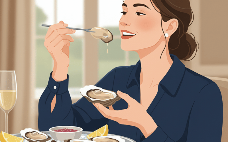 femme mangeant une huitre avec fourchette à huitre