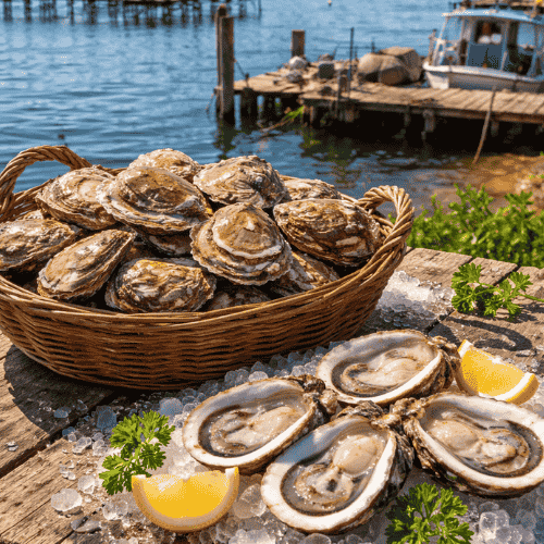 Plateau de fruits de mer avec vu sur étang de Thau