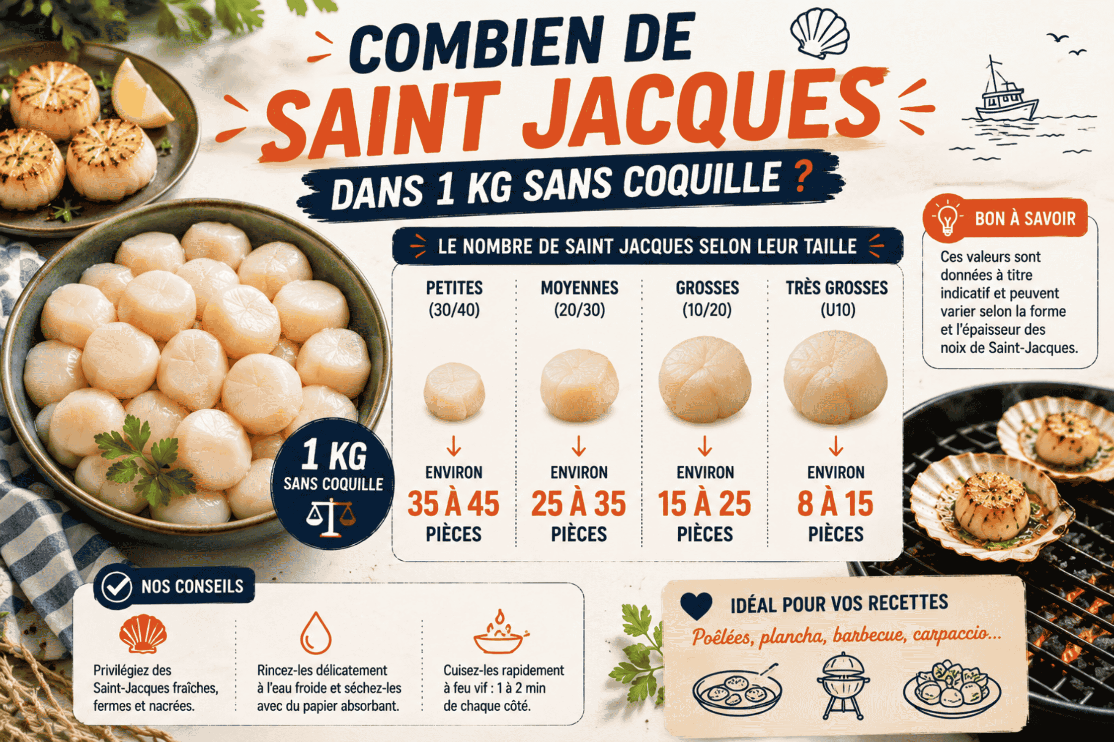 Combien de saint jacques dans 1 kg sans coquille